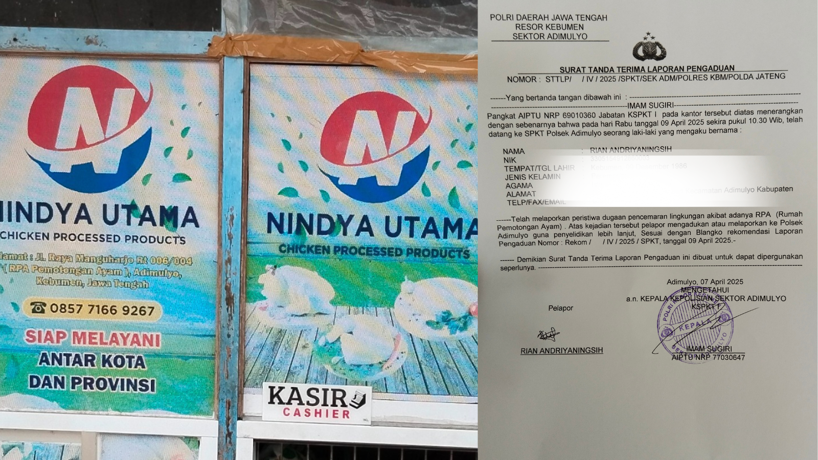 Foto : RPA Nindya Utama dan Tanda Terima Aduan di Polsek Adimulyo
Foto/ Rudi M. Maulana - Buana News